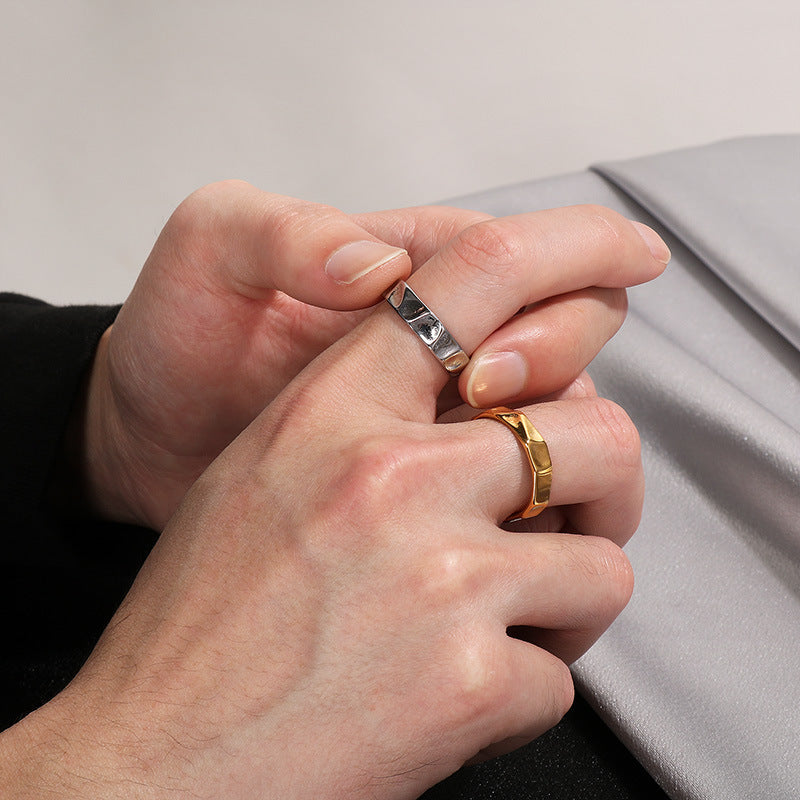 Niche Design Texture Stainless Steel Men's Rings, Trendy Men's Irregular Texture Titanium Steel