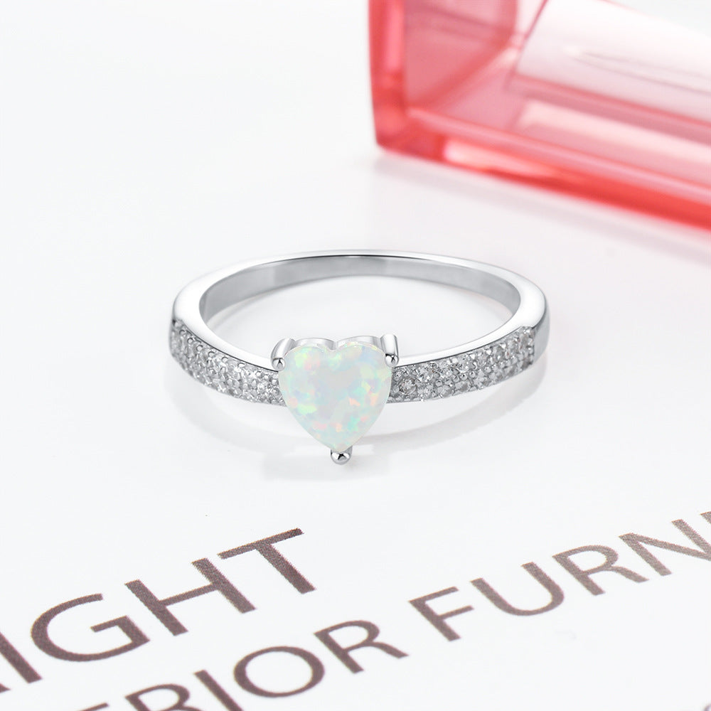 Planderful Jewelry Sterling Silver Opal Ring Heart Shaped Design With Zircon Accent For Elegant Everyday Wear