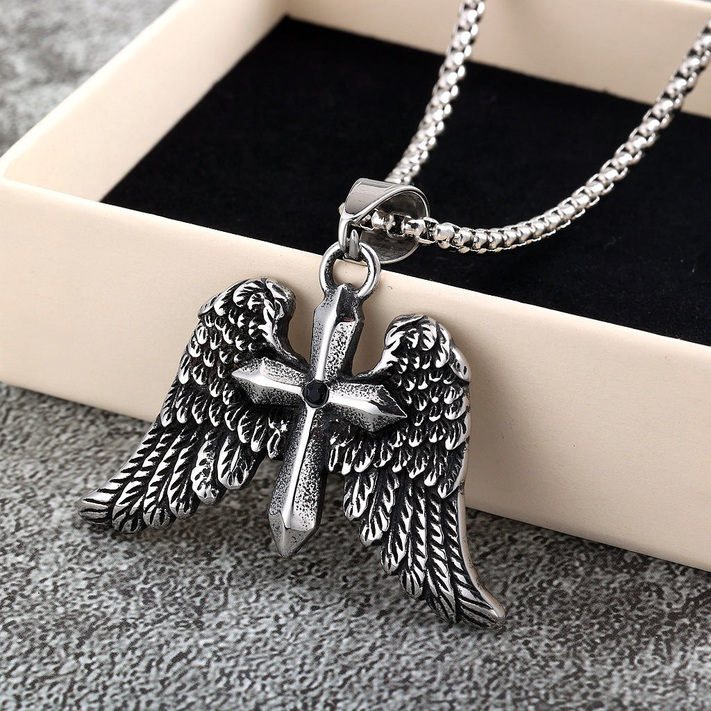 Vintage Cross Wing Stainless Steel Pendant Necklace
