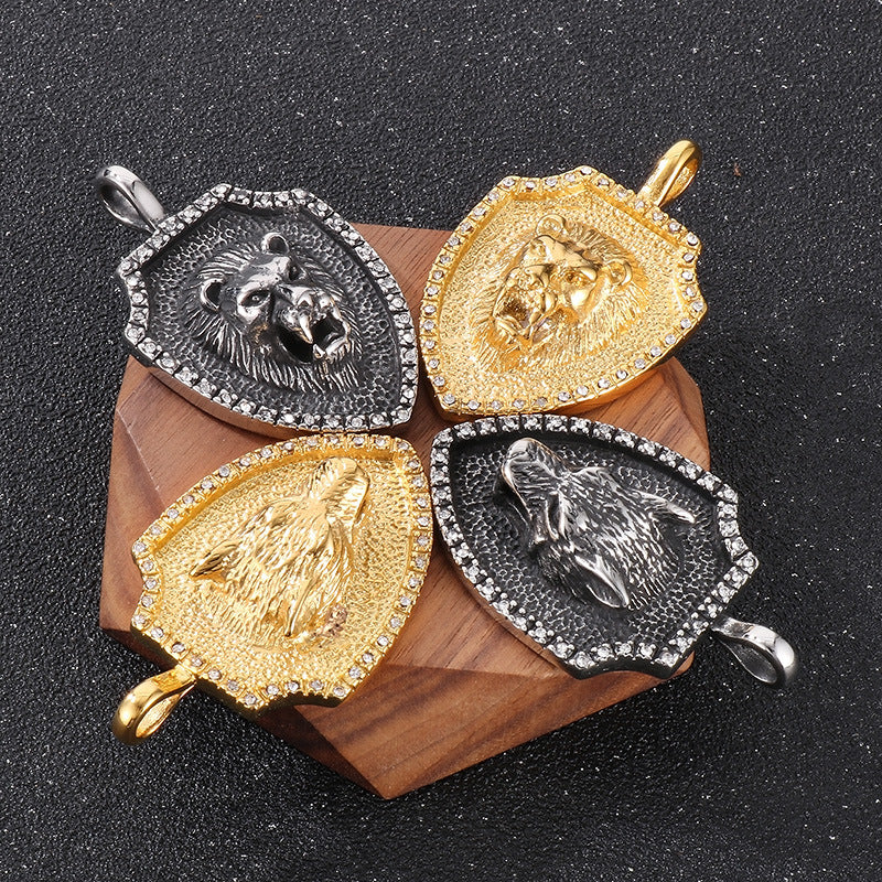 Retro Classic Hip-Hop Lion Head Shield Pendant with Zircon-Encrusted Wolf Head in Stainless Steel for Men