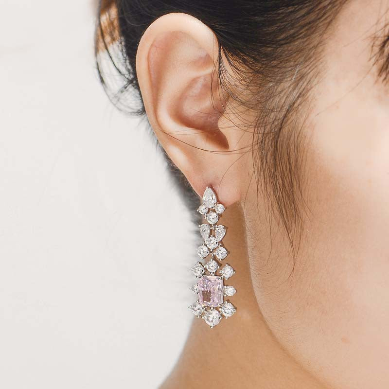 Rectangular Pink Zircon Flower Tassel Drop Earrings