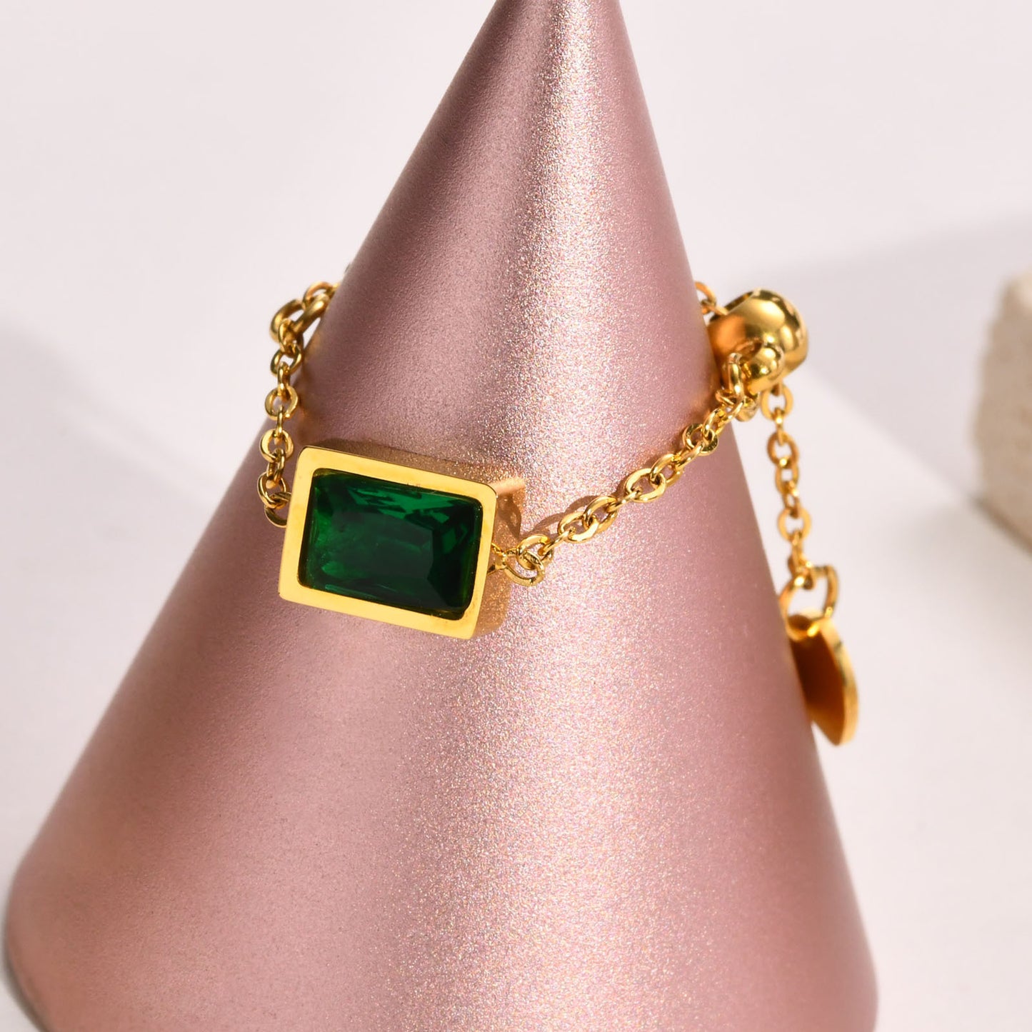 Titanium Steel Chain Ring Green Zircon Adjustable Black Ring