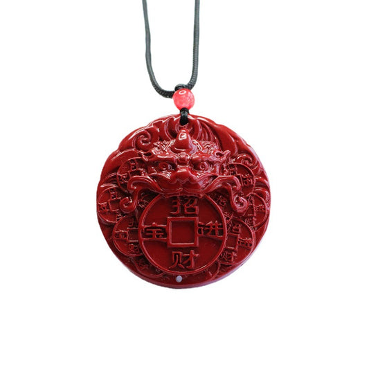 Fortune's Favor Cinnabar Stone and Pixiu Pendant with Swallowing Gold Beast Oval Design