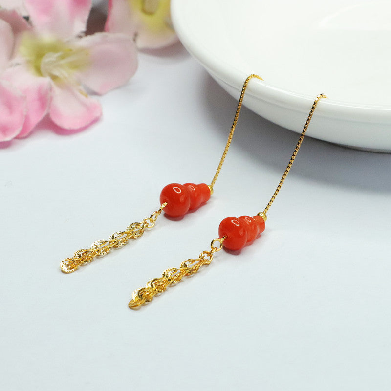 Nanhong Agate Gourd Phoenix-Tail Threader Earrings