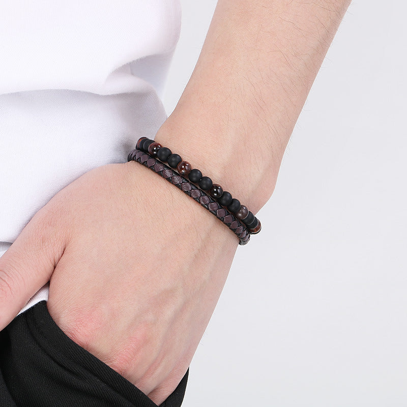 Planderful Men's Leather Bracelet Handwoven Tiger's Eye