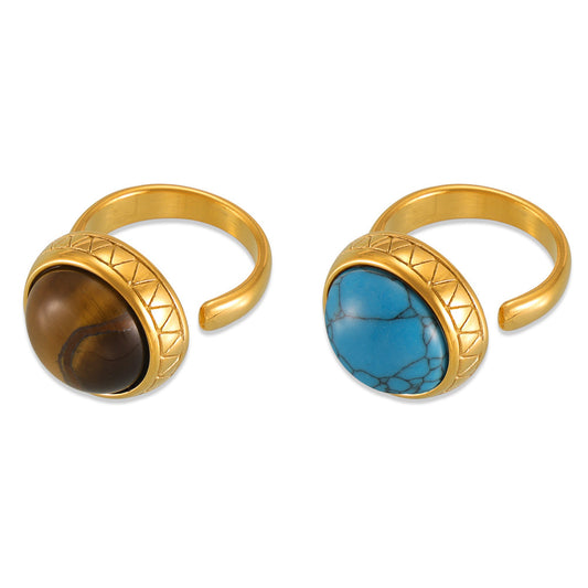 Tiger's Eye Titanium Steel Open Ring with Retro Lace Design