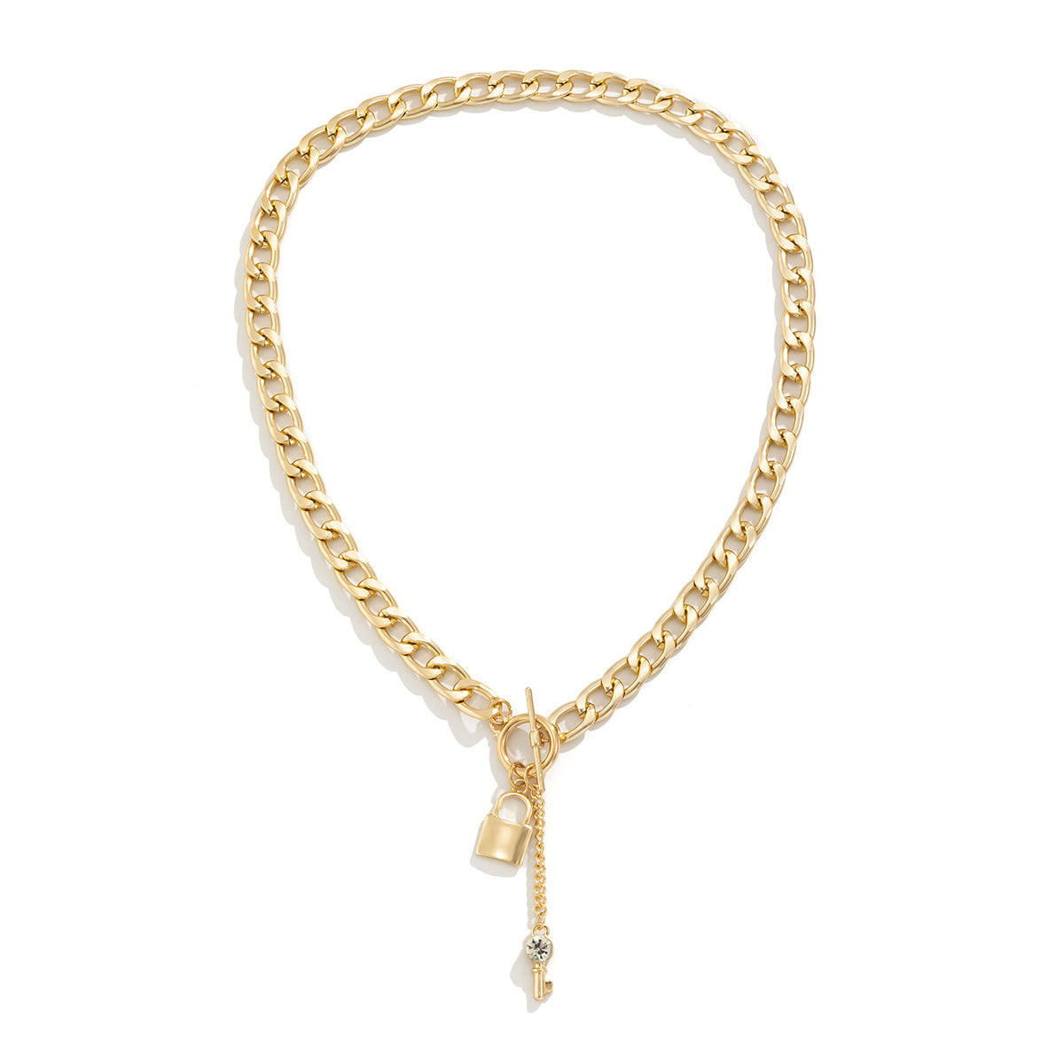 Punk Thick Chain Lock-Shaped Key Pendant Necklace Micro-Inlaid Chain Geometric Ot Buckle