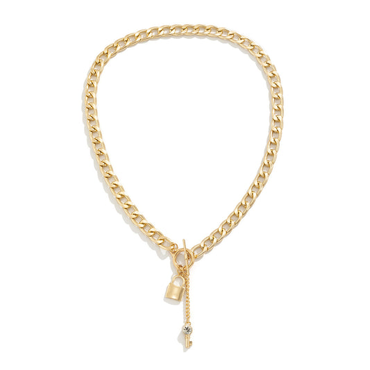 Punk Thick Chain Lock-Shaped Key Pendant Necklace Micro-Inlaid Chain Geometric Ot Buckle