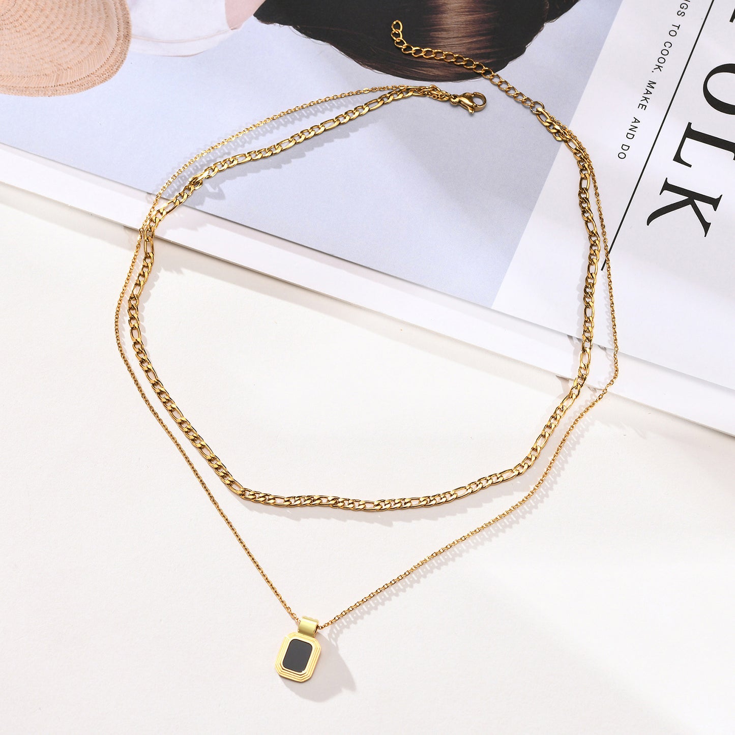 Stainless Steel Double Layer Geometric Square Tag Pendant Necklace
