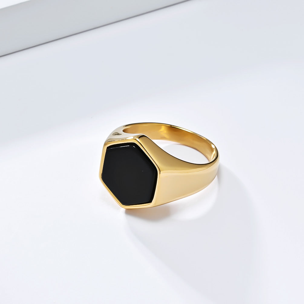 Ins Geometric Hexagonal Black Stone Titanium Steel Ring