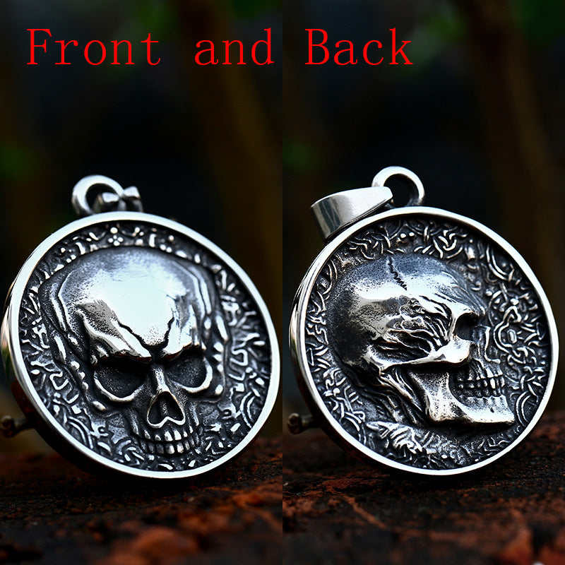 Stainless Steel Casting Engraved Skull Pendant – Hip-Hop Titanium Steel Round Plate Necklace