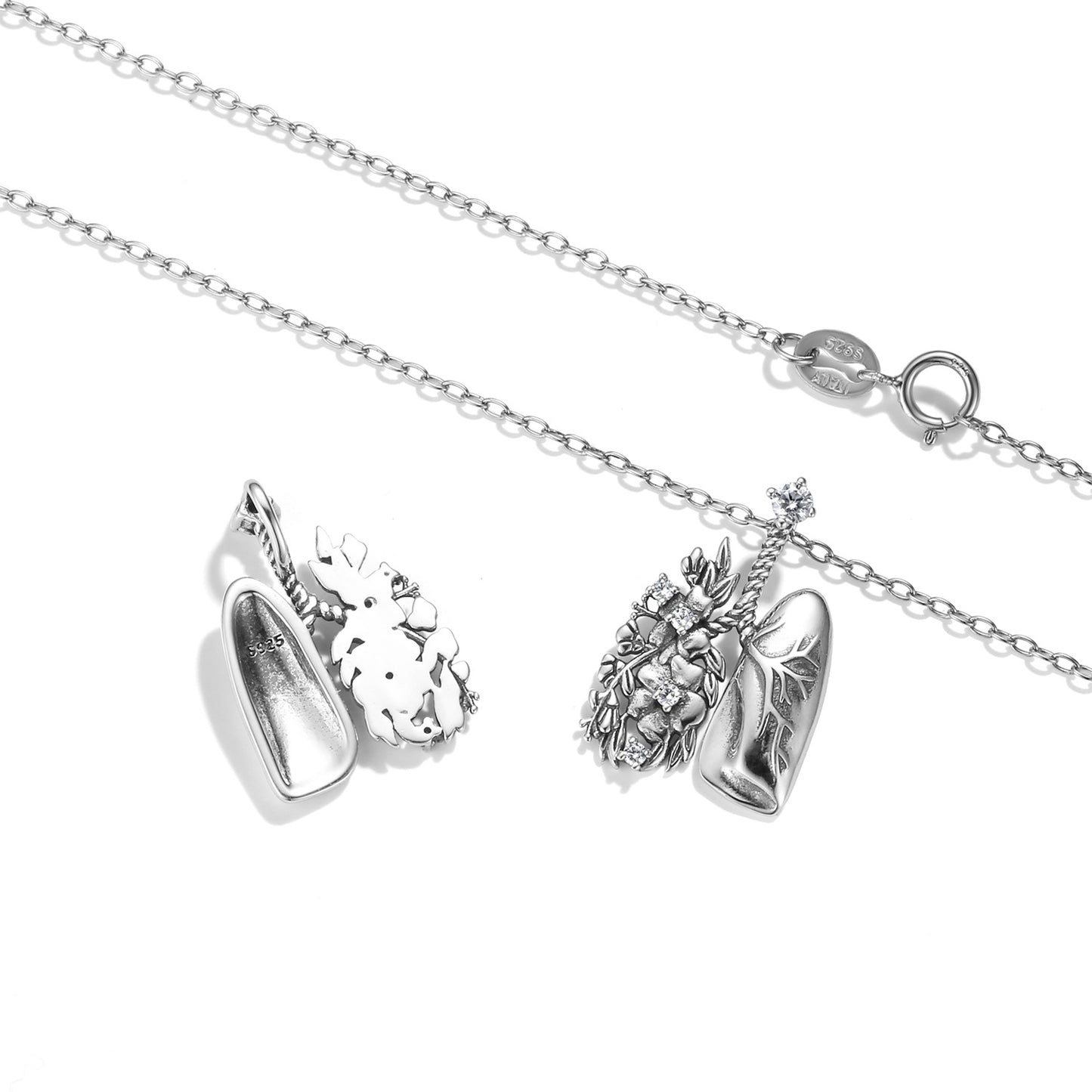 Lungs and Flower Pendant Silver Necklace