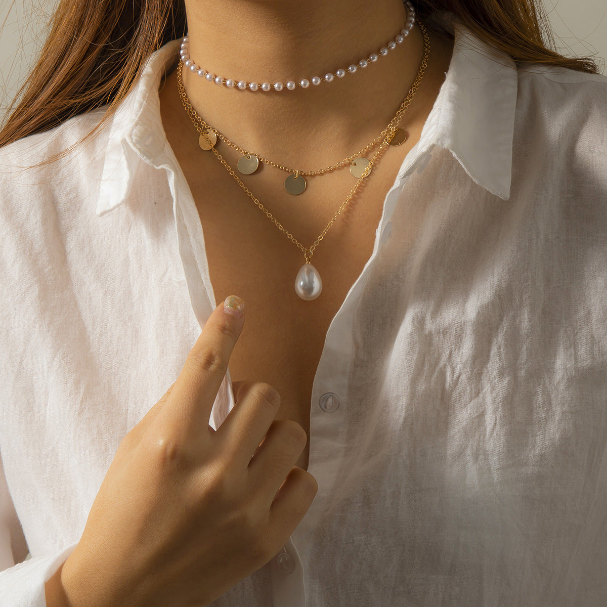 Planderful Vienna Verve Imitation Pearl Necklace Multi Layer Geometric Fringe Water Drop Pendant Elegant Women Jewelry