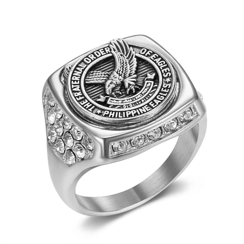 Planderful Everyday Genie Titanium Steel Gold Plated Rhinestone Philippine Eagle Unisex Ring