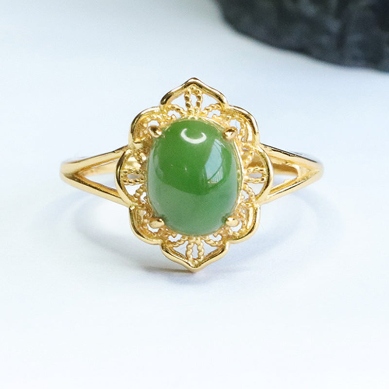 925 Sterling Silver Hetian Jasper Openwork Ring