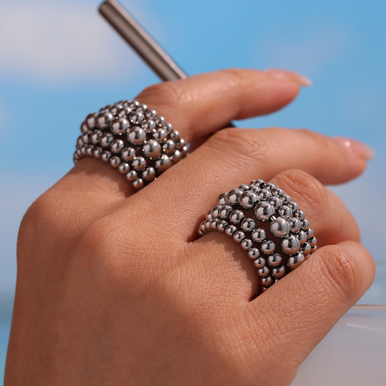 Planderful Geometric Opening Steel Ball Chain Ring For Women