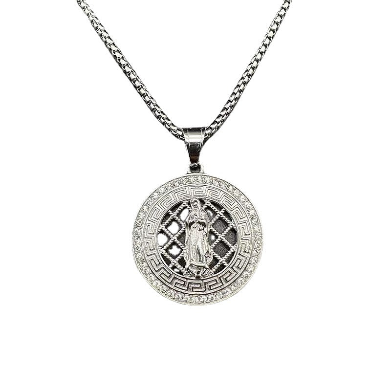 Rhinestone Necklace – Vintage Virgin Mary Hip Hop Pendant In Steel Gold Plating Finish
