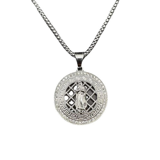 Rhinestone Necklace – Vintage Virgin Mary Hip Hop Pendant In Steel Gold Plating Finish