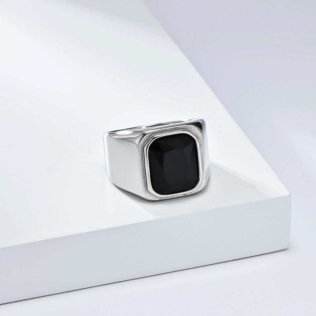 Planderful Personalized Light Luxury Men's Square Gemstone Ring Titanium Steel Gold-Plated