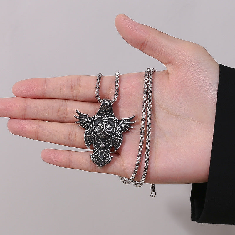 Steel Necklace – Vintage Odin Mounts Double Crow Pendant For Men And Women Norse Mythology Jewelry Gift