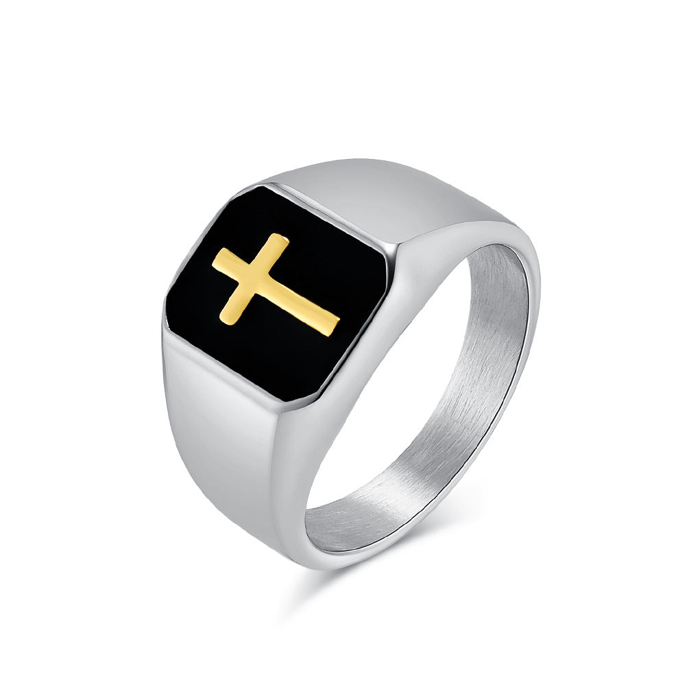 Steel Ring - Statement Punk Hip Hop Seal Cross Design Oil Drop Mens Fashion Ring Planderful