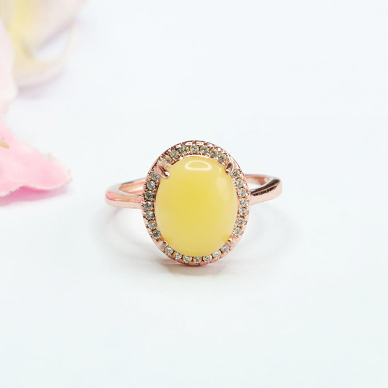Amber and Zircon Sterling Silver Halo Ring with Adjustable Diameter