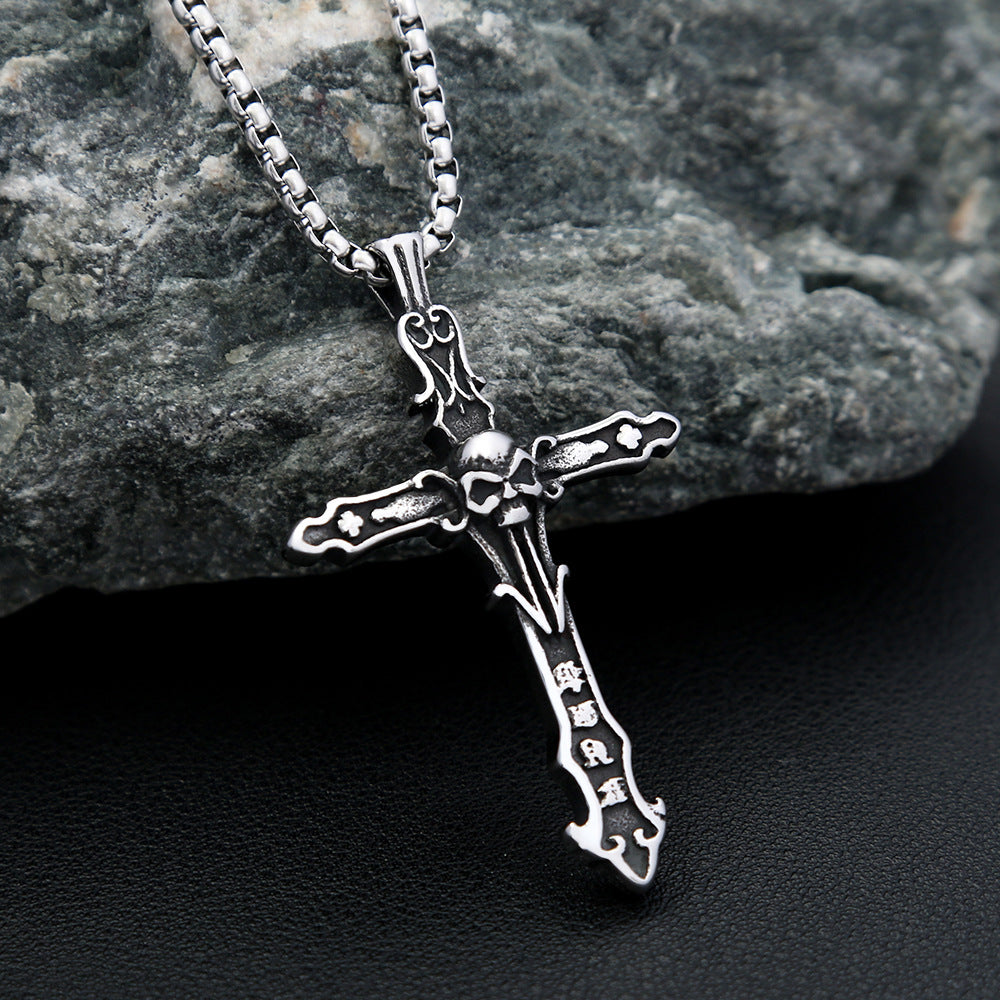 Planderful Vintage Skull Necklace with Stainless Steel Cross Pendant