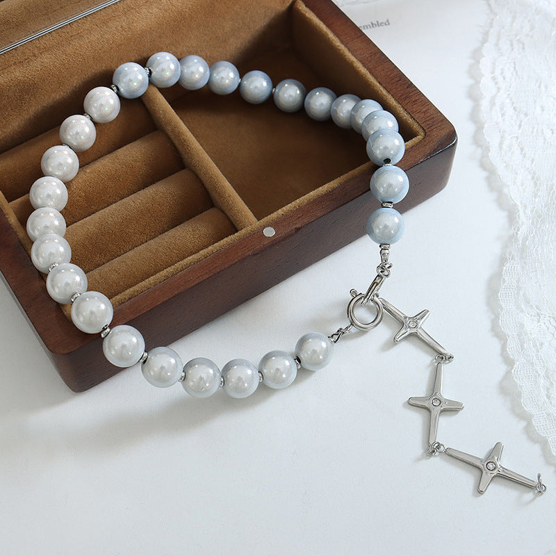 Neutral Style Reflective Cat Eye Beads Cross Necklace with Zircon Inlays