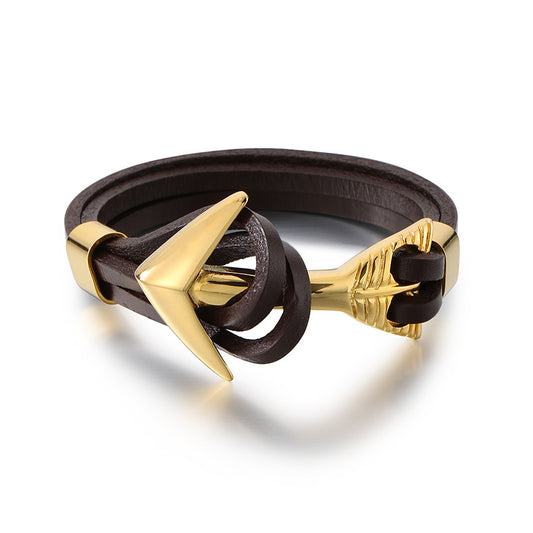 Planderful Men Pirate Durable Steel Cowhide Anchor Bracelet