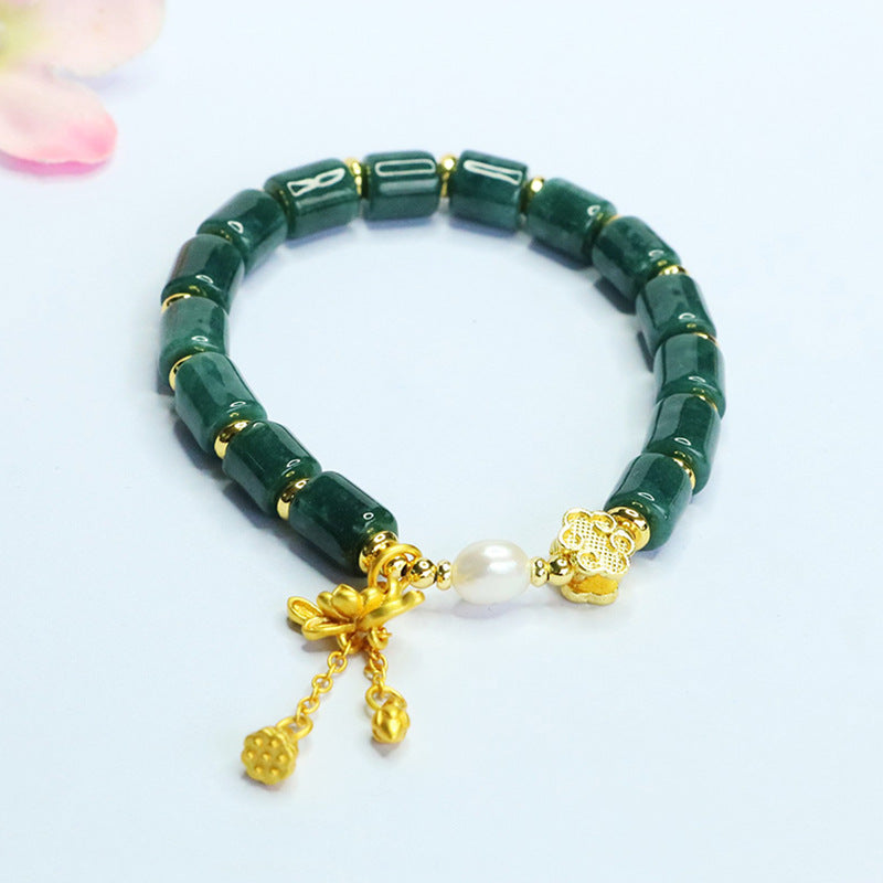 Blue Water Jadeite Ruyi & Barrel Bead Beaded Bracelet