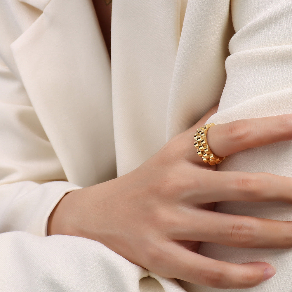 Exaggerated Retro Style Titanium Steel Gold Ring with Thick Strap