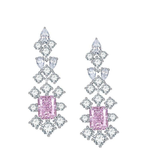 Rectangular Pink Zircon Flower Tassel Drop Earrings