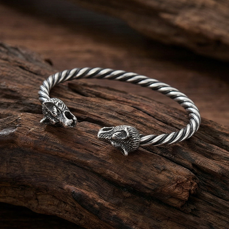 Skull C-Shaped Bracelet – Viking Wolf Head Twist Twist Leather Rope Stainless Steel Men's