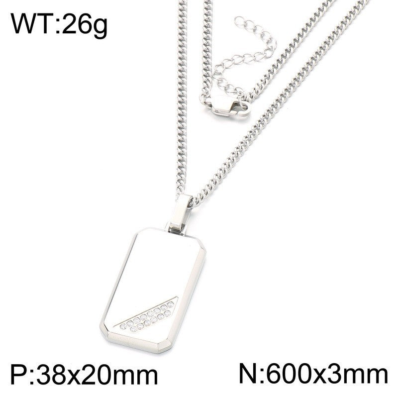 Hip-Hop Style Square Inlaid Double-Row Zircon Pendant Stainless Steel Smooth Military Brand Double-Sided Necklace