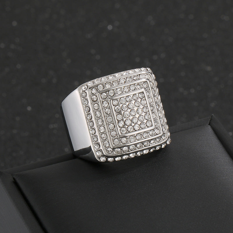 Hip-Hop Square Ring, Luxury Vacuum Plating Full Of Zircon Titanium Steel Men's Ring