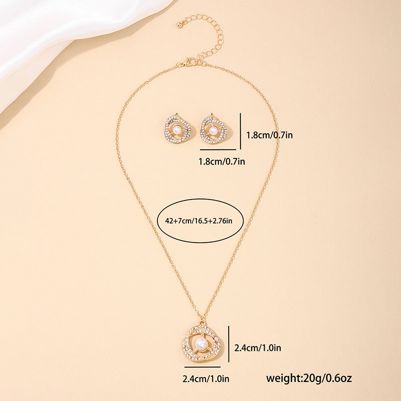 French Elegance Pearl Pendant Jewelry Set with Zircon Metal Ring - Vienna Verve Collection
