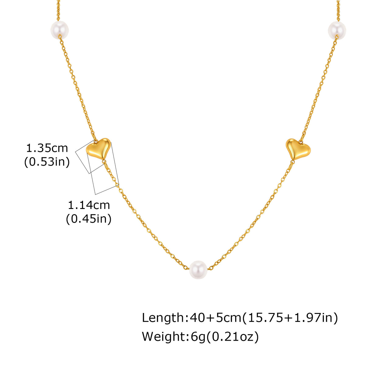 Stainless Steel Women's Style Imitation Pearl Heart Shape Stackable Necklace Gold