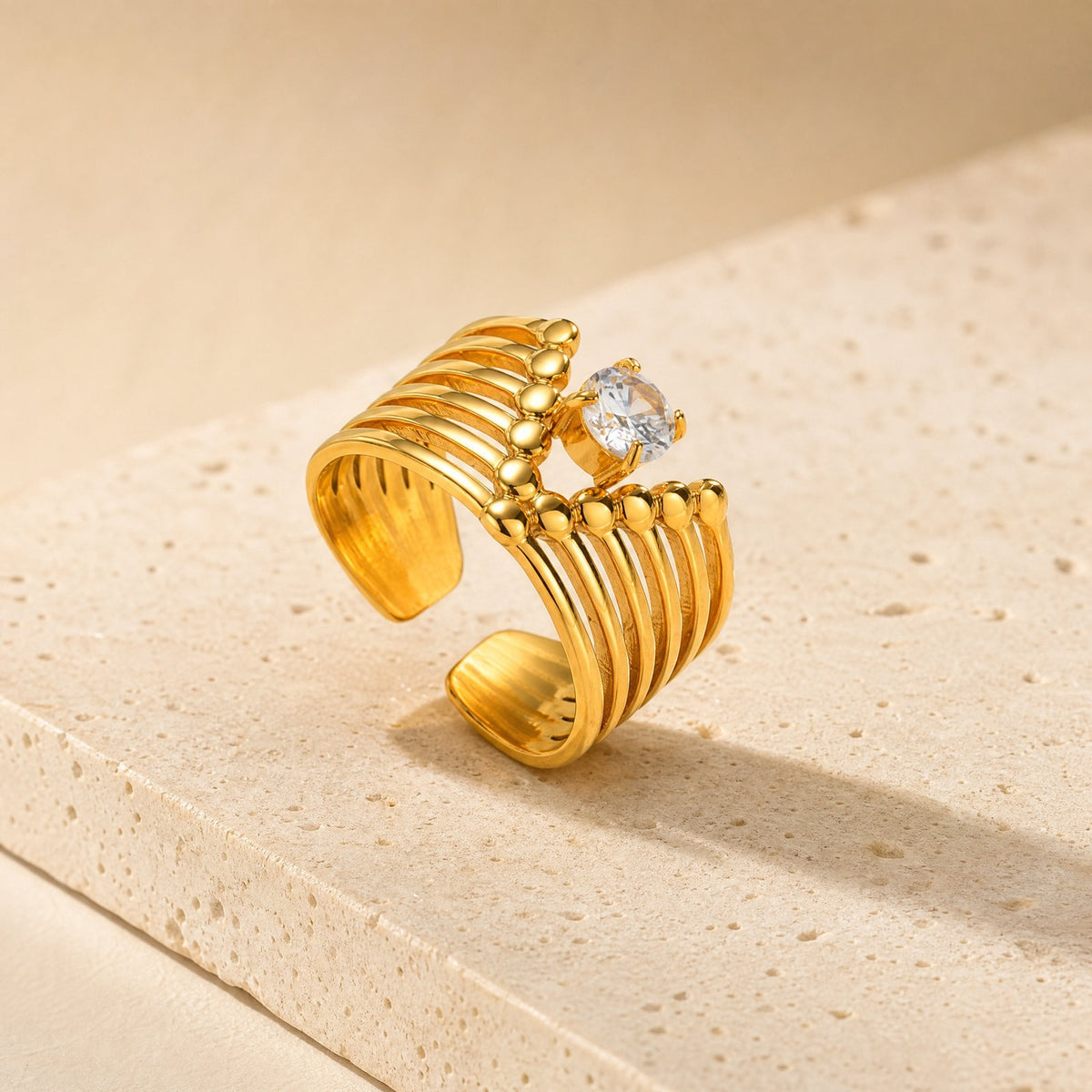 Ladies Gold Stainless Steel V-Shaped White Zirconium Open Ring Rhombus