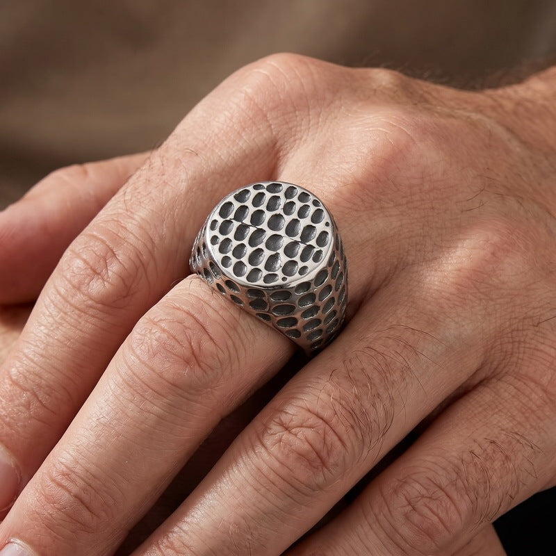 Punk Style Dome Hammer Texture Finger Retro Smearing Wide-Sided Meteorite Pattern Stainless Steel