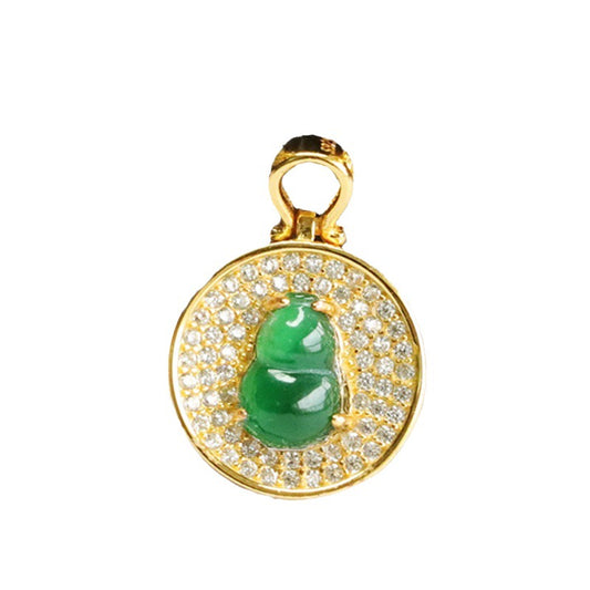 Imperial Green Jade Gourd Necklace with Zircon Pendant in Sterling Silver