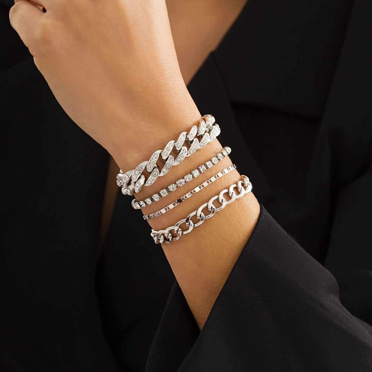 Planderful Vienna Verve Cuban Link Bracelet Set For Women Dark Zircon Punk Stacked Chains Statement