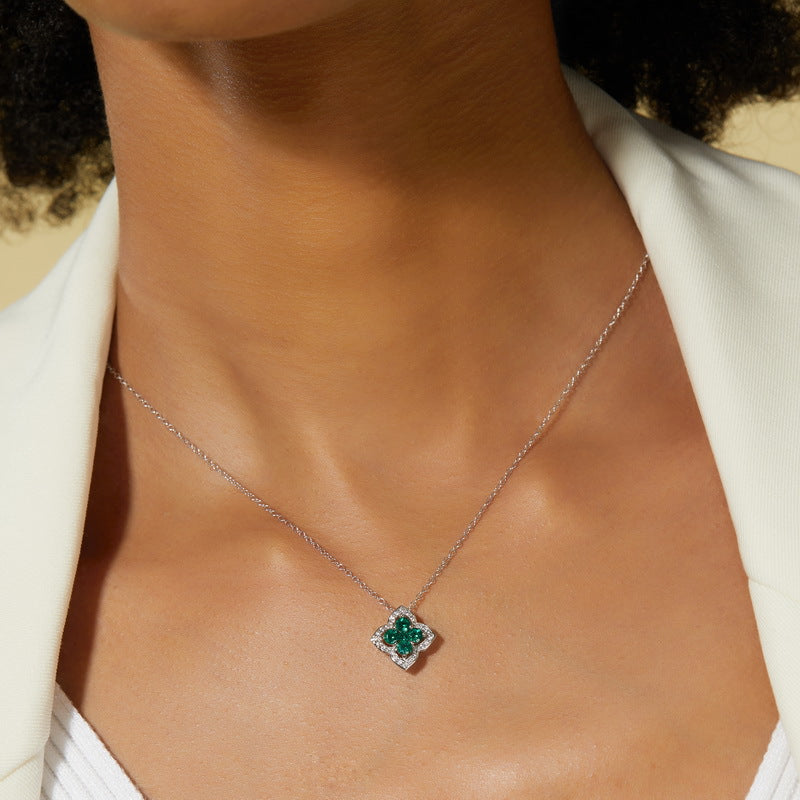 S925 Sterling Silver Lab-Grown Gemstone Four-Leaf Clover Pendant Necklace