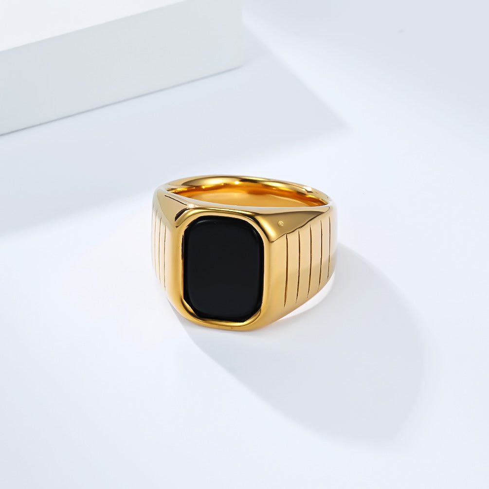 Planderful Men Titanium Steel Ring With Black Glass Gem Minimalist Fashion Ring For Everyday Wear