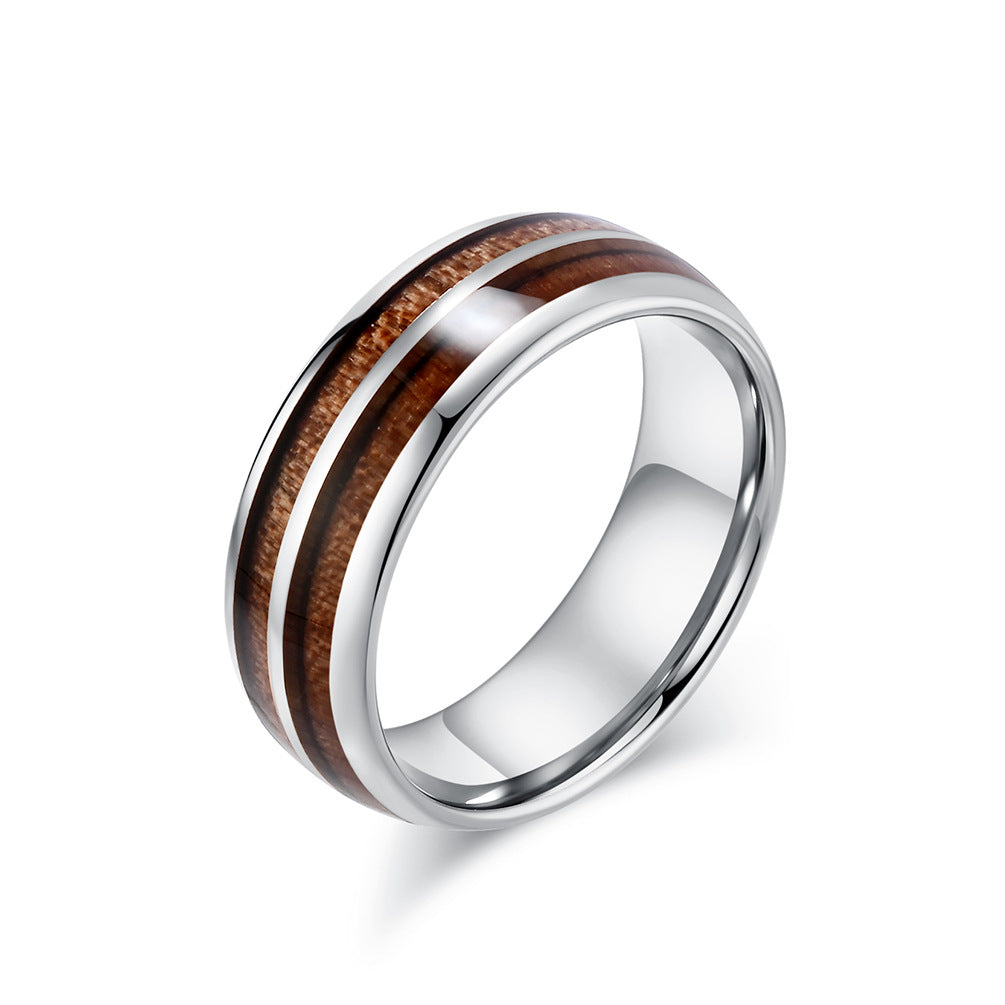 Planderful Tungsten Steel Ring With Parquet Wood Inlay Double Groove Unisex Couple Ring