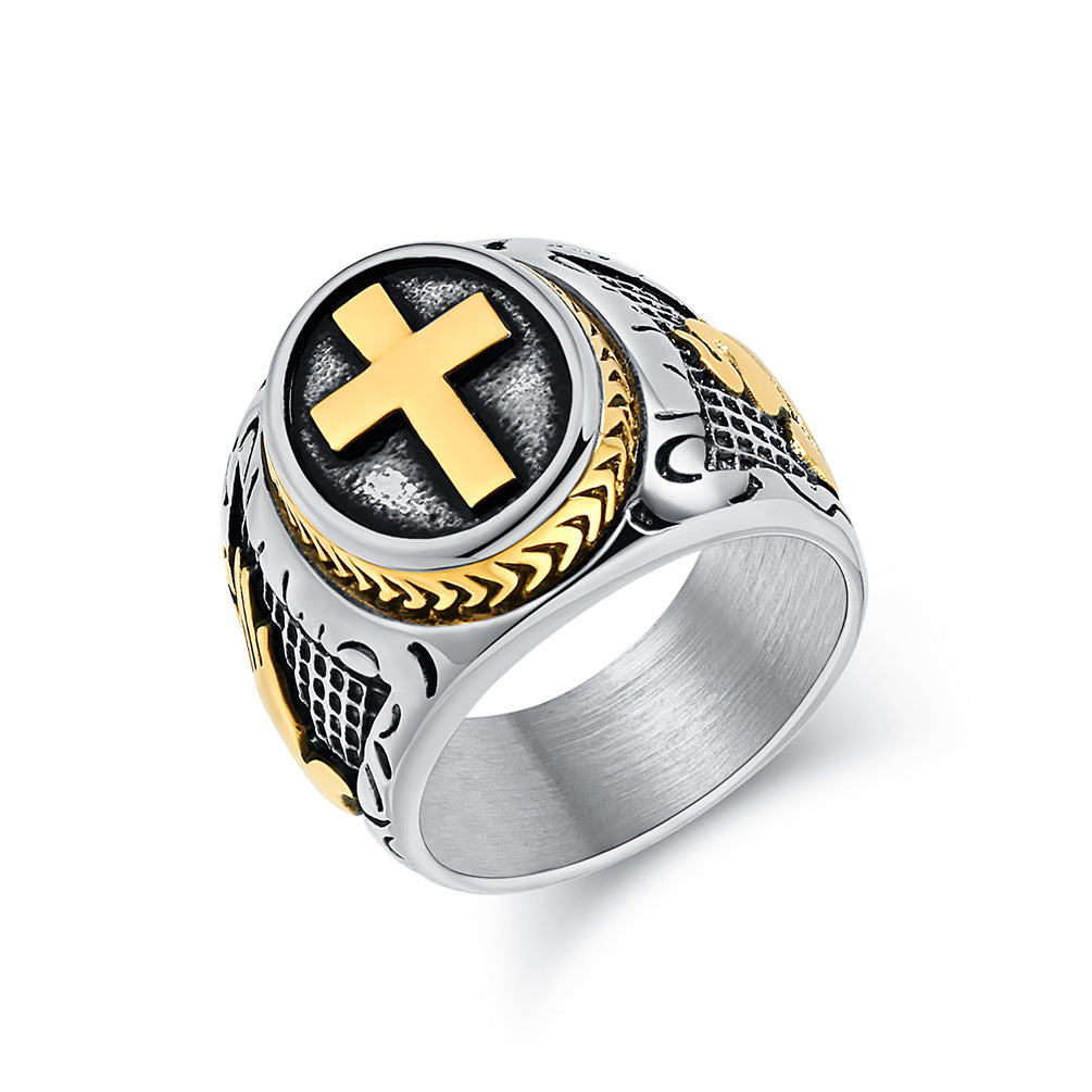 European And American Literary Retro Prayer Hand Cross Titanium Steel Ring Men's Hip-Hop Jewelry