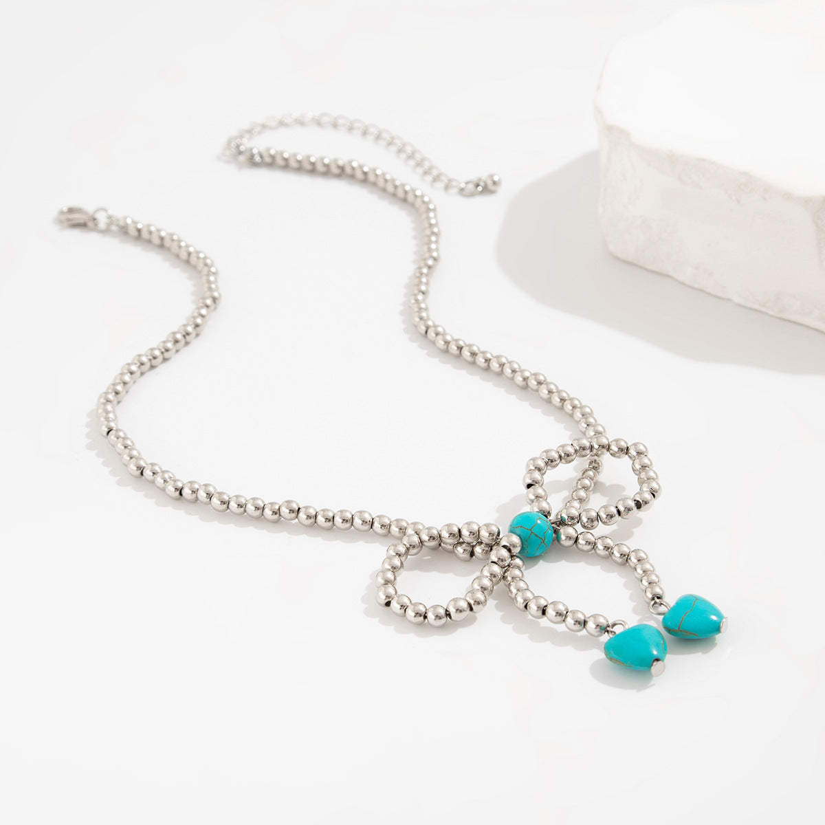 Retro Beaded Bow & Turquoise-Style Pendant Necklace