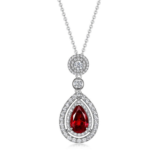 S925 Sterling Silver Lab-Grown Ruby Teardrop Pendant Necklace