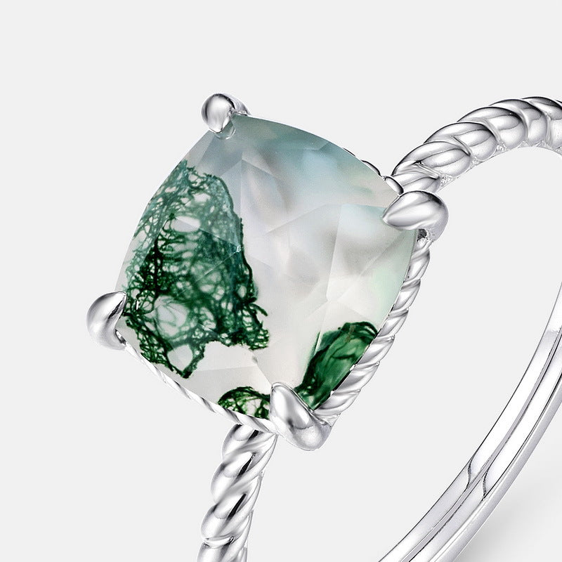 S925 Sterling Silver Moss Agate Dainty Ring