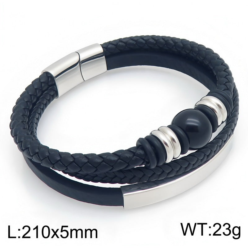 Turquoise Tiger's Eye Stone Multi-Layer Woven Leather Bracelet Lettering Curved Bar