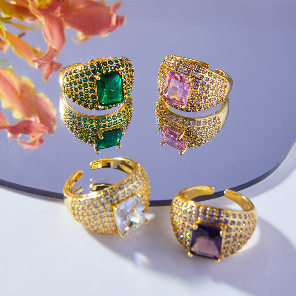 Luxurious Copper Open Ring with Colored Zircon - Size 6-8